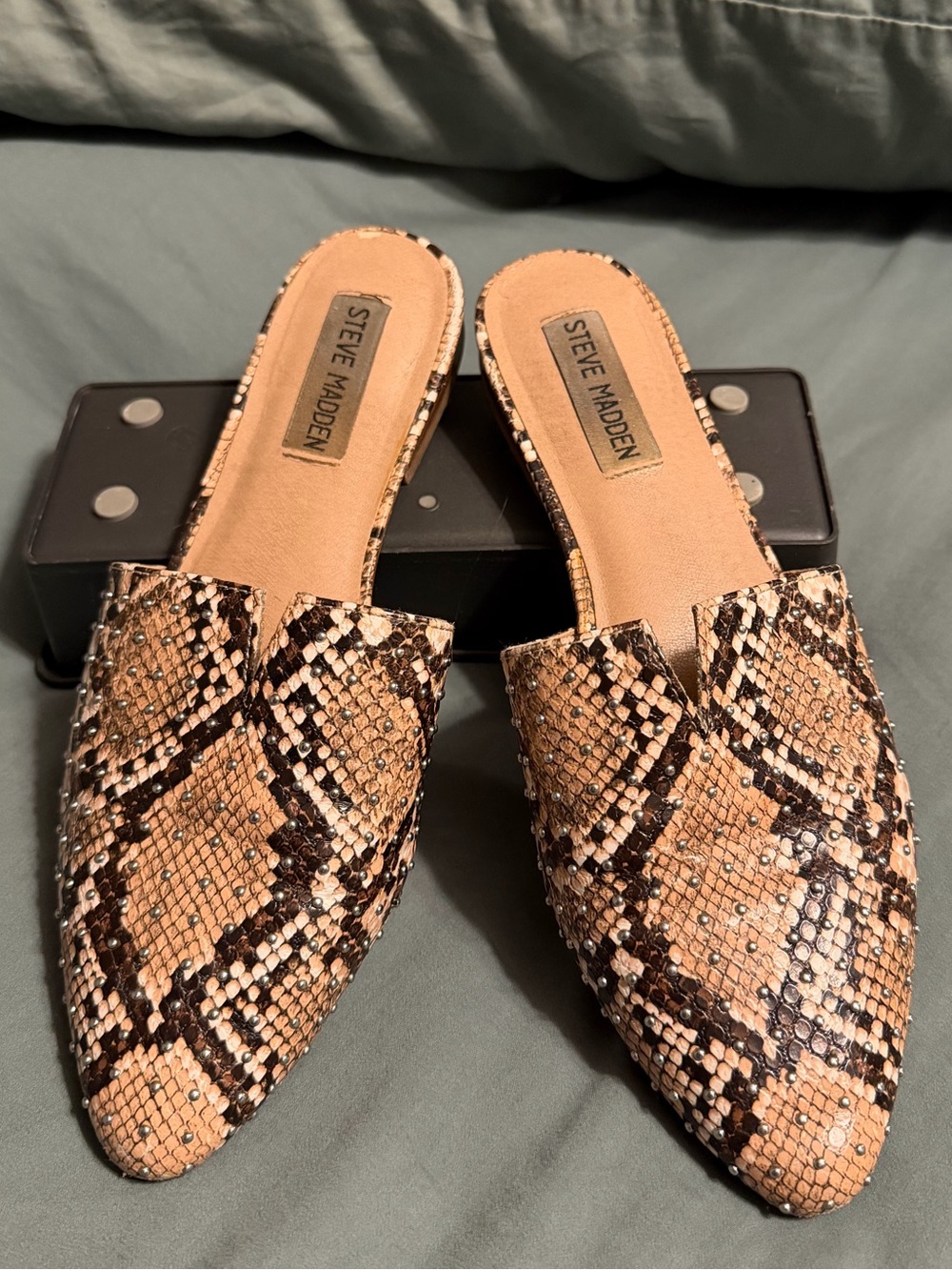 Steve Madden Snake-Print Slip-On Mules in Tan and Brown